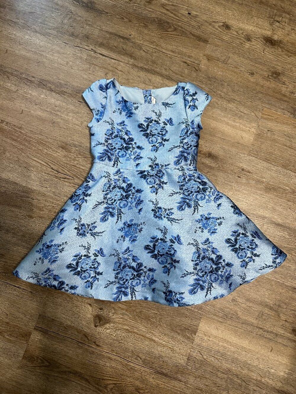 Janie and Jack Girls Size 5 Jacquard Dress Blue Floral Cap Sleeve Holiday Formal